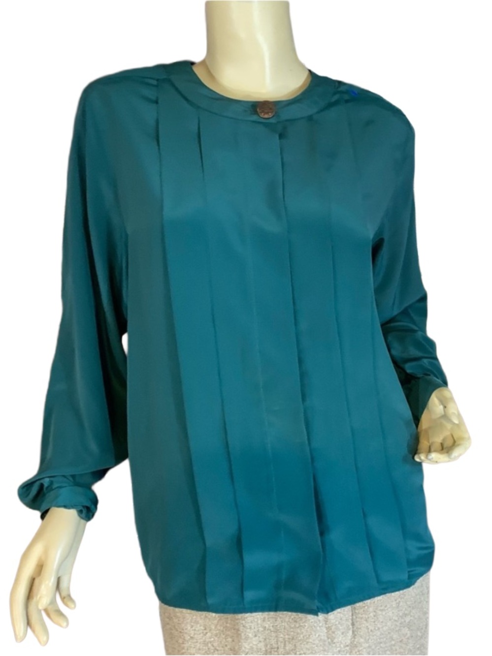 VINTAGE 1980'S LINDSEY BLAKE DARK TEAL PANEL PLEATED BUTTON DOWN BLOUSE (10)